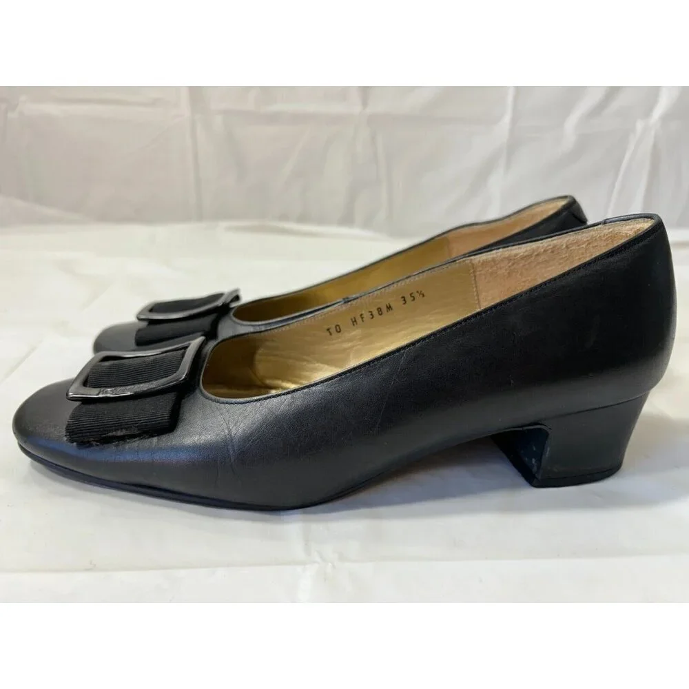 Yves Saint Laurent Black square bow Leather loafer Heels Buckle Size 5.5